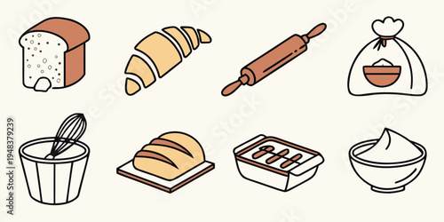 a collection of baked goods and kitchen tools Vector