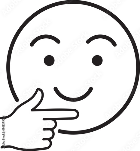 Black and white line of a smiley face with a finger touching its chin also transparent background emoji