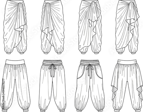 Women harem pants fashion technical sketch collection with draped and elastic waist styles front view apparel design vector illustration set