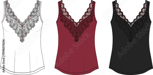 Women lace camisole fashion design with color variations elegant sleeveless top apparel vector illustration isolated on white background