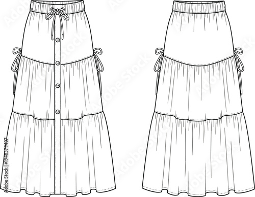 Women tiered maxi skirt technical fashion sketch with front and back view elastic waist button front boho style apparel template