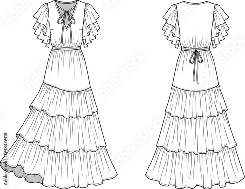 Women tiered ruffle maxi dress technical fashion sketch with front and back view elegant apparel design template vector illustration