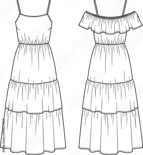 Women tiered midi dress technical fashion sketch with spaghetti straps and off shoulder ruffle option apparel design template vector illustration