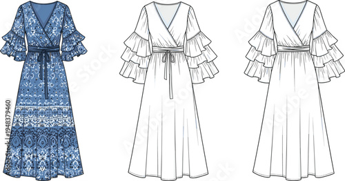 Women wrap maxi dress with layered ruffle sleeves technical fashion sketch with print variation front view elegant apparel design template vector