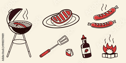 a barbecue with various foods and utensils Vector