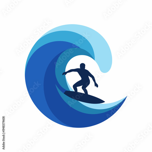 This image showcases a surfer riding a stylized blue wave, capturing the essence of surfing and the carefree spirit connected to ocean sports and adventure.