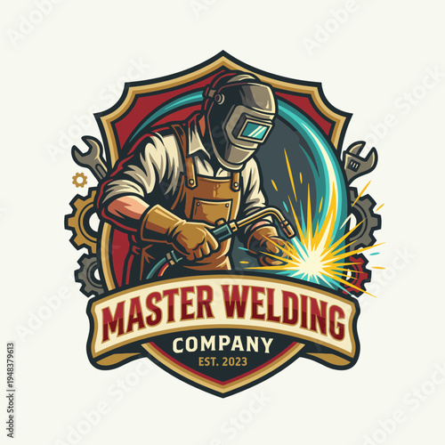 This logo features a welder in action with bright sparks and tools, symbolizing craftsmanship and professionalism in welding services for various industries.