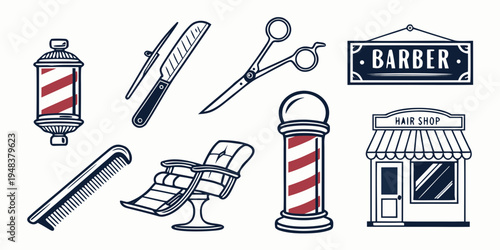 a set of barber shop icons including tools and a chair Vector