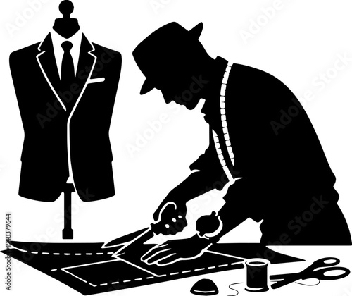 silhouette of a tailor cut a man suit in black and white silhouette vector with transparent background  