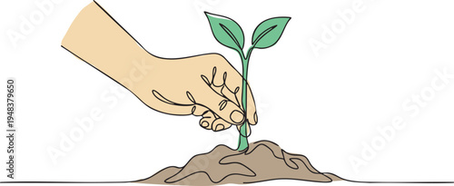 Hand planting a young sapling in soil, continuous one line drawing with green leaf color, environmental conservation and new growth startup concept minimalist illustration