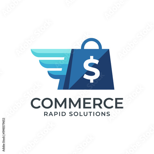 This logo embodies rapid commerce with a shopping bag integrated with wings, symbolizing speed, efficiency, and an innovative approach to online shopping and delivery.