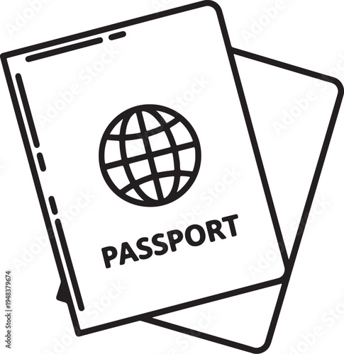 Black and white line of two closed passports also transparent background travel globe line minimalist