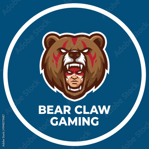 A fierce gaming logo showcasing a bear claw and warrior face, representing strength and competitive spirit. Ideal for gaming teams or streaming platforms.