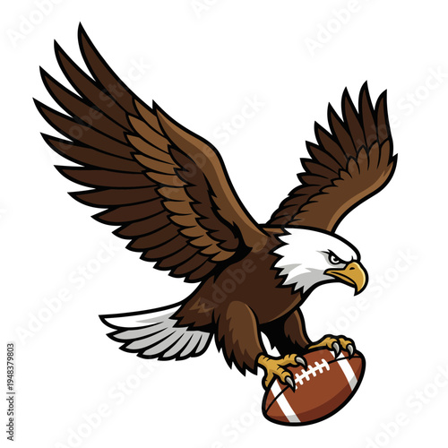 This powerful image depicts an eagle mascot soaring prominently while clutching a football, embodying strength and sportsmanship, perfect for sports teams or events.