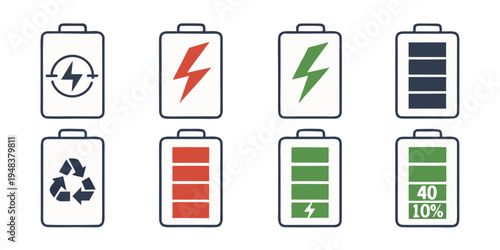 battery icons with different charge levels and status Vector