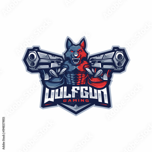 A bold gaming logo featuring a wolf character wielding guns, embodying ferocity and strength in the gaming community, ideal for an eSports team or brand.