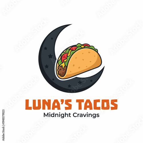 A delicious taco filled with fresh ingredients and placed next to a crescent moon, suggesting a late-night craving for tasty food in a playful design.