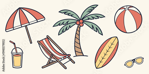 a collection of beach vacation items Vector