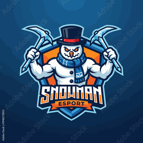 This striking esports logo presents a muscular snowman wielding ice picks, merging fun with an energetic vibe, ideal for gaming brands wanting a unique, strong identity.