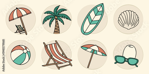a collection of beach icons including umbrella and chair Vector