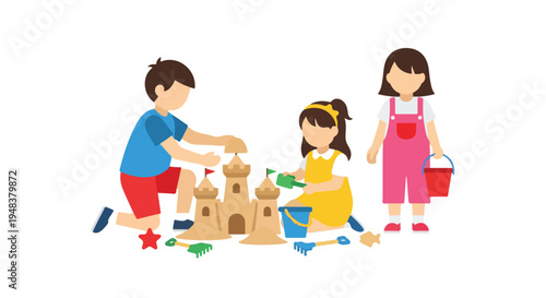 Three children are happily engaged in building sandcastles and playing with various sand toys in an outdoor setting.