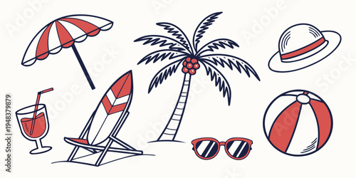 a collection of beach vacation items Vector
