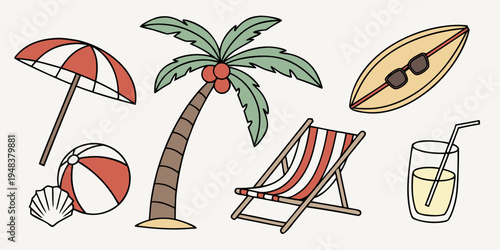a collection of summer vacation items Vector