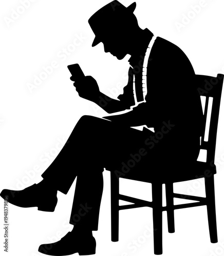 silhouette of a tailor sit on chair and use a phone in black and white silhouette vector with transparent background  