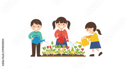 Three smiling children, a boy and two girls, happily water a garden bed filled with growing plants and red tulips.
