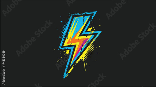 Vibrant Lightning Bolt Graphic with Dynamic Paint Splatter and Halftone Effects.