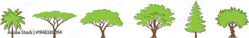 Set of unique various tree types in hand drawn doodle style, collection of green plants including palm, pine, and acacia for landscape design, nature foliage vector illustrations
