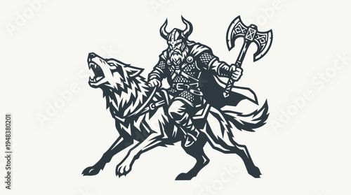 Viking Warrior Riding Wolf with Axe Illustration.