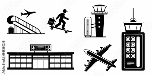 airport icons including plane and terminal Vector