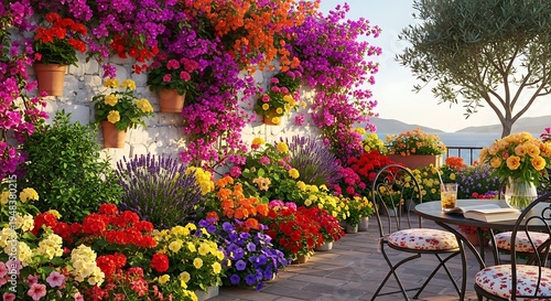 A beautiful and vibrant Mediterranean garden patio overflowing with colorful flowers, featuring a cozy outdoor seating area with a table and chairs, overlooking a scenic bay and distant mountains.