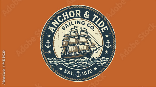 Vintage Anchor and Tide Sailing Co Logo with Tall Ship.