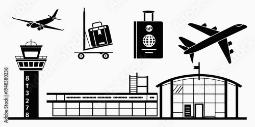 airport building with airplane and travel icons Vector