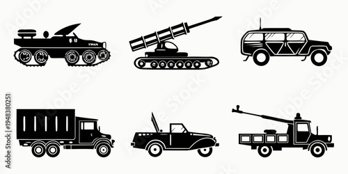 military vehicles and trucks in various configurations Vector