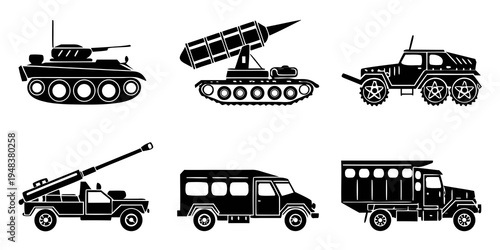 collection of various military vehicles and tanks Vector