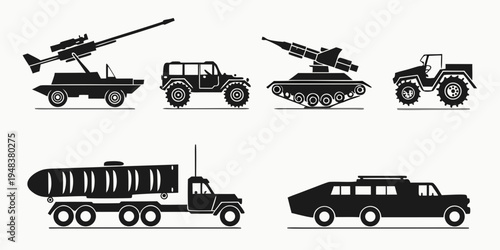 collection of military vehicles and transport trucks Vector