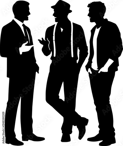 silhouette of a tailor stand  with friends and chat with each other in black and white silhouette vector with transparent background  