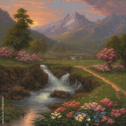 A serene landscape with a waterfall, mountains, and a path, with a pixel art style.