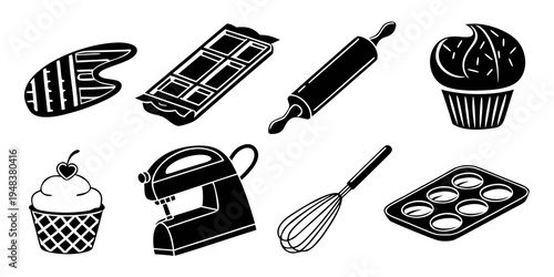 black and white illustration of baking tools and desserts Vector