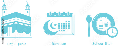Illustrations depicting Hajj, Ramadan, and Suhoor Iftar
