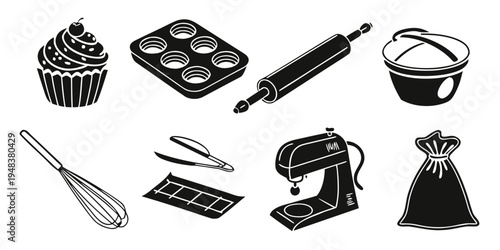 a collection of baking tools and desserts Vector