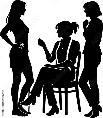 silhouette of a women tailor sit on chair and chat with other girls in black and white silhouette vector with transparent background  