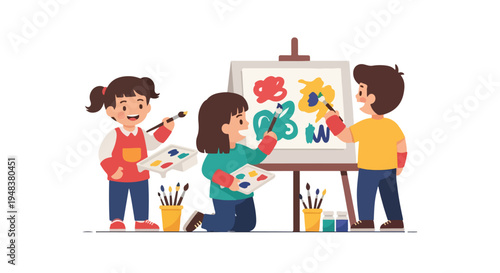Three happy children, two girls and a boy, are enthusiastically painting colorful abstract designs on a shared canvas supported by an easel, surrounded by art supplies.