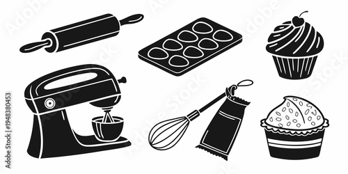 black and white illustration of baking tools and desserts Vector