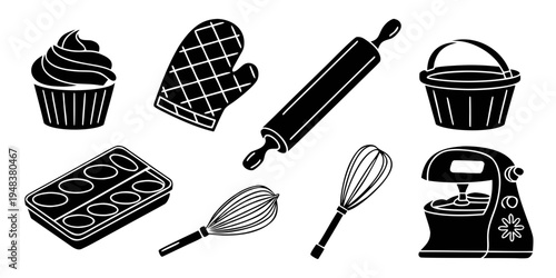 a collection of baking tools and desserts Vector