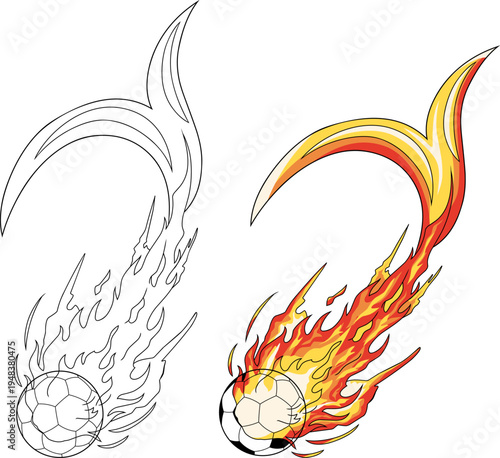 a soccer ball in high-speed motion, trailing a powerful flame that forms a stylized fish tail shape.represents extreme velocity, heat energy, and the physical impact of a powerful kick.