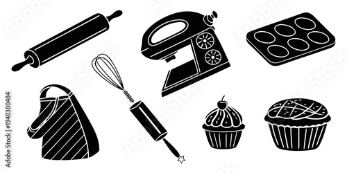 a collection of baking tools and treats Vector